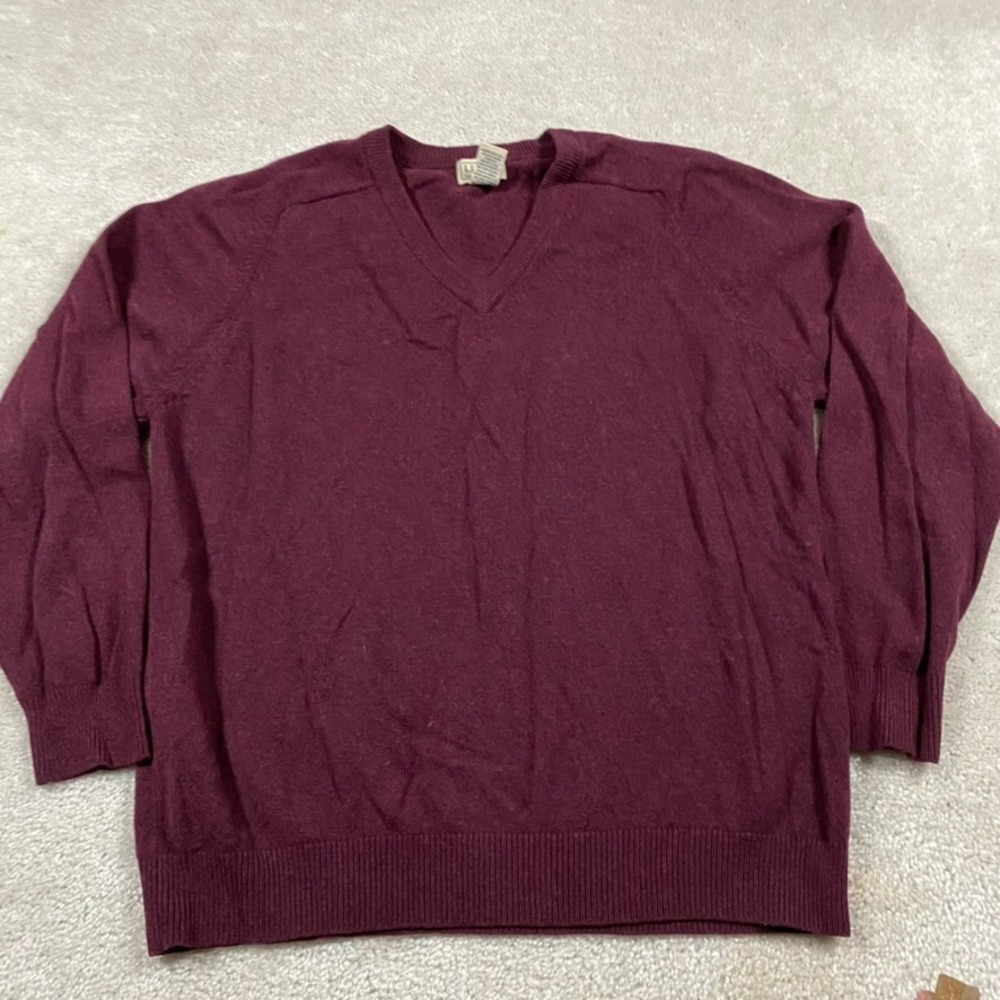 LL Bean Wool Sweater Mens L V-Neck Burgundy Lambswool Knit 0 QY78 Preppy